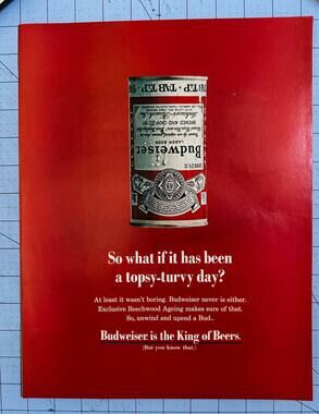 1969 Budweiser Beer Vintage Print Ad King of Beers Upside Down Can